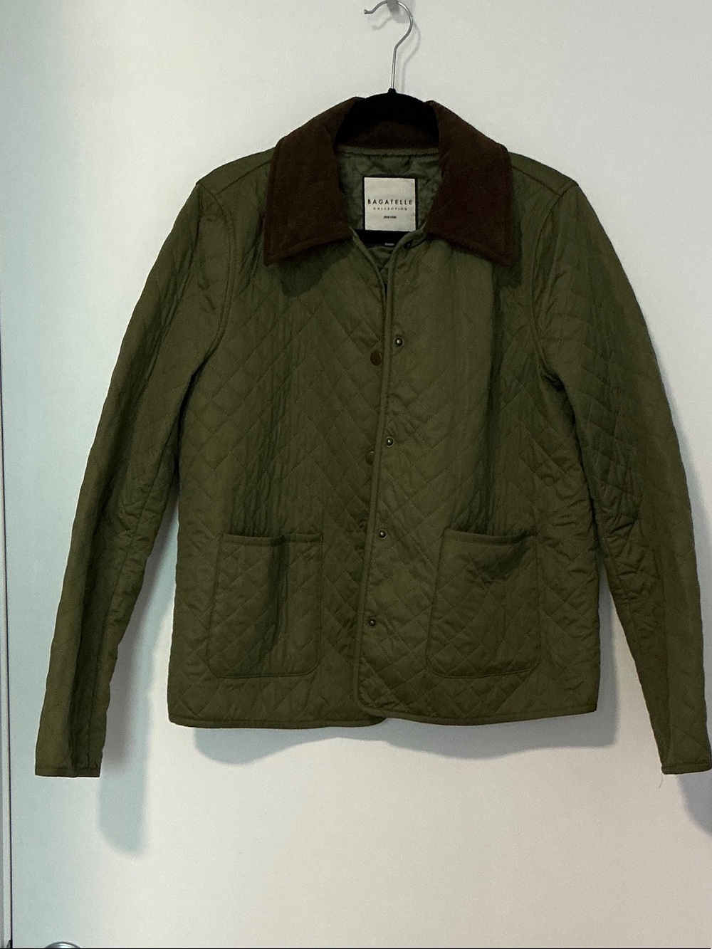 bagatelle Olive Quilted Bomber Jacket with Brown Corduroy Collar